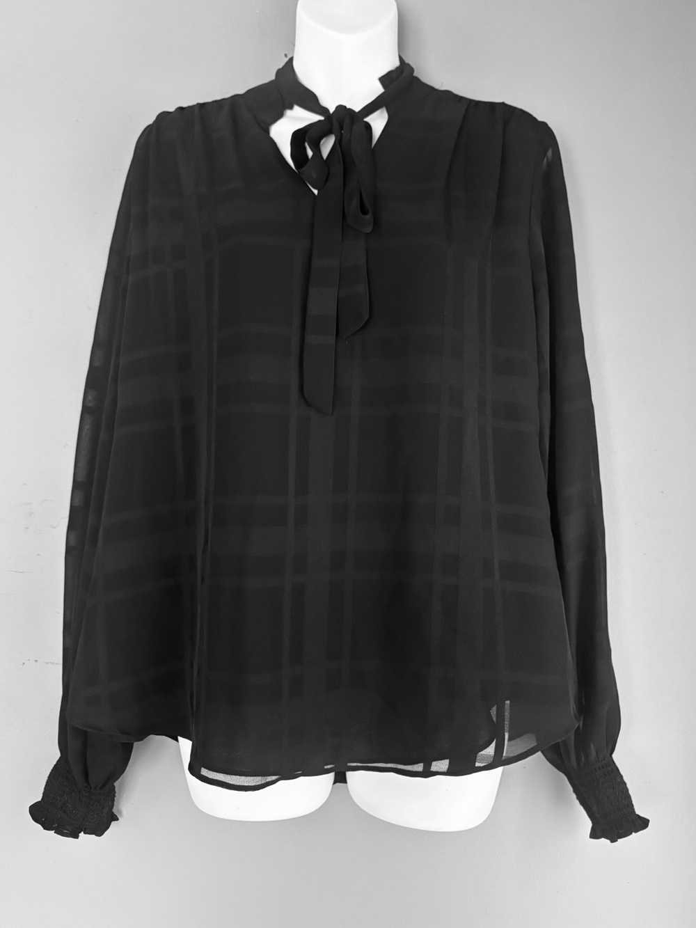 White House Black Market Black Sheer Plaid Tie-Neck Blouse with Smocked Cuffs